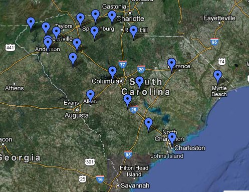 "Map of South Carolina showing possible instrumentation hive locations"